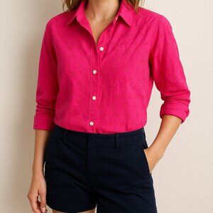 GAP Hot Pink Eyelet Button-Up Shirt – Classic Feminine Coastal Preppy Nautical
